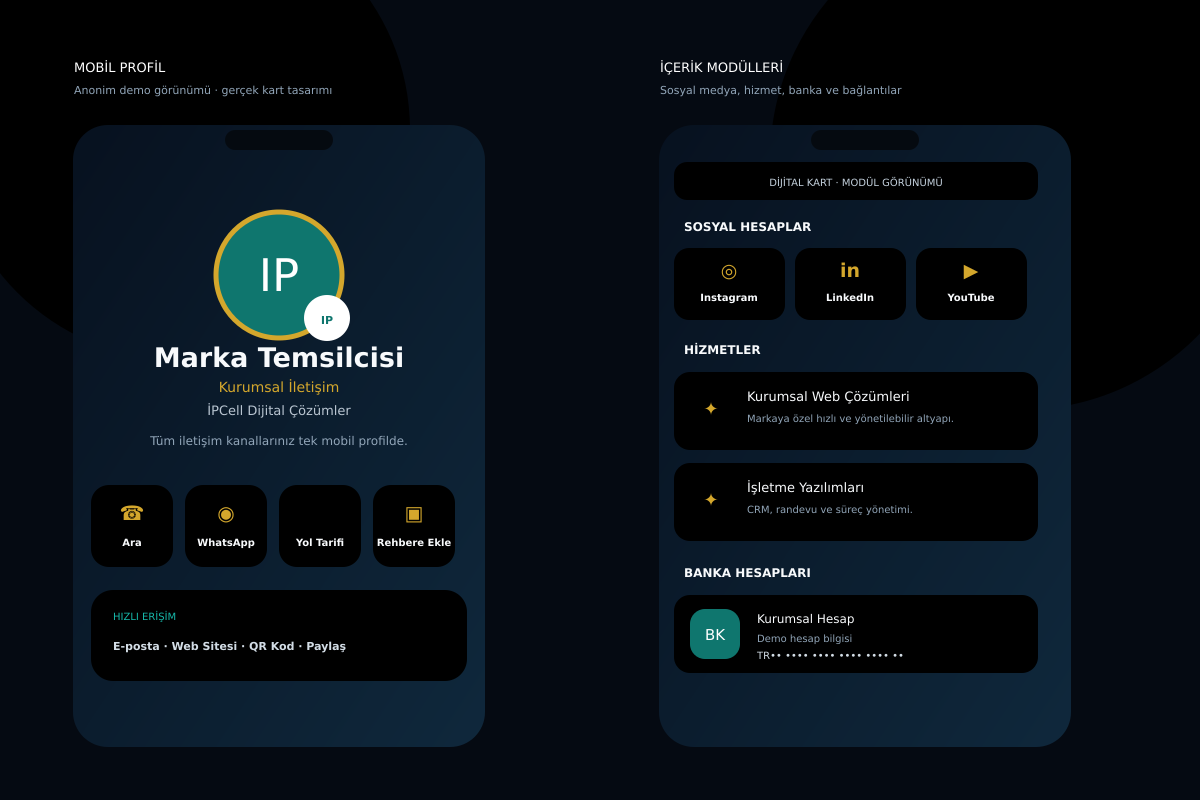 Dijital Kartvizit mobil profil, iletişim ve içerik modülleri